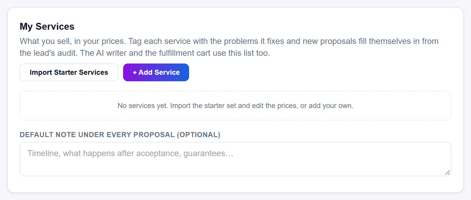 The My Services card, where your offer and its prices are kept.