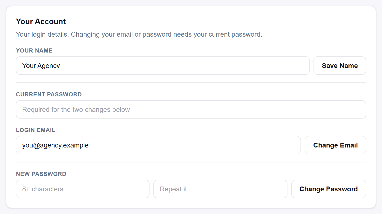 The Your Account card, where your name, login email and password are changed.