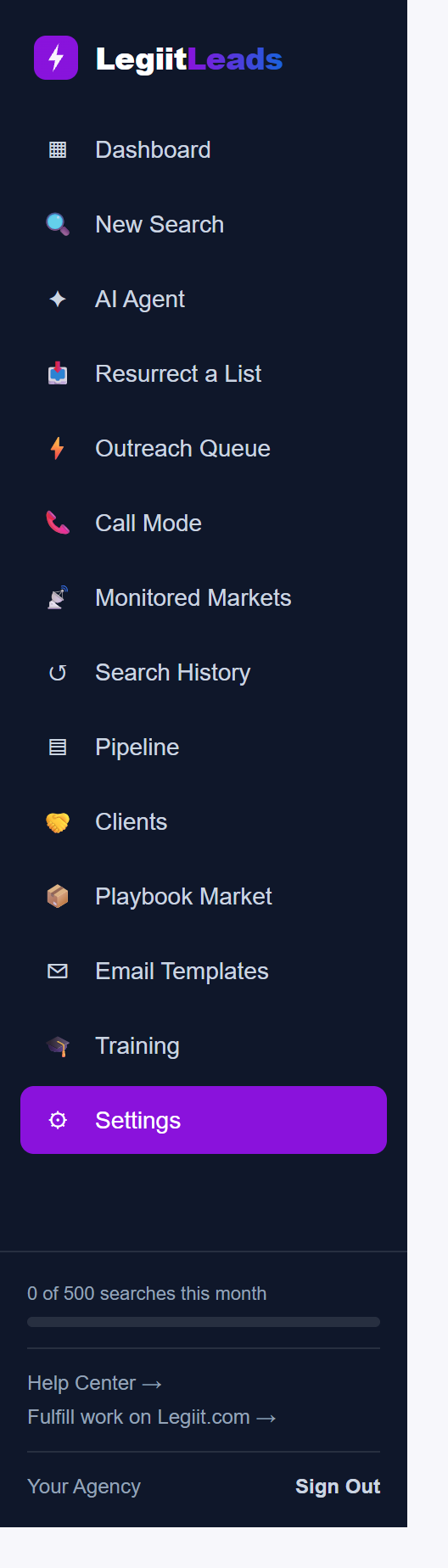 The sidebar, with Settings open. The searches meter, the Help Center link and Sign Out sit at the bottom.