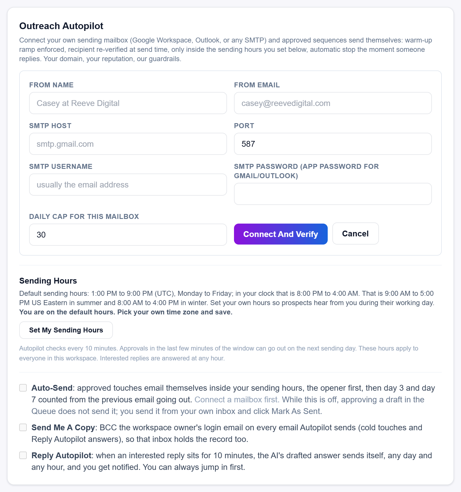 The mailbox form: from name, from email, SMTP details and the daily cap.