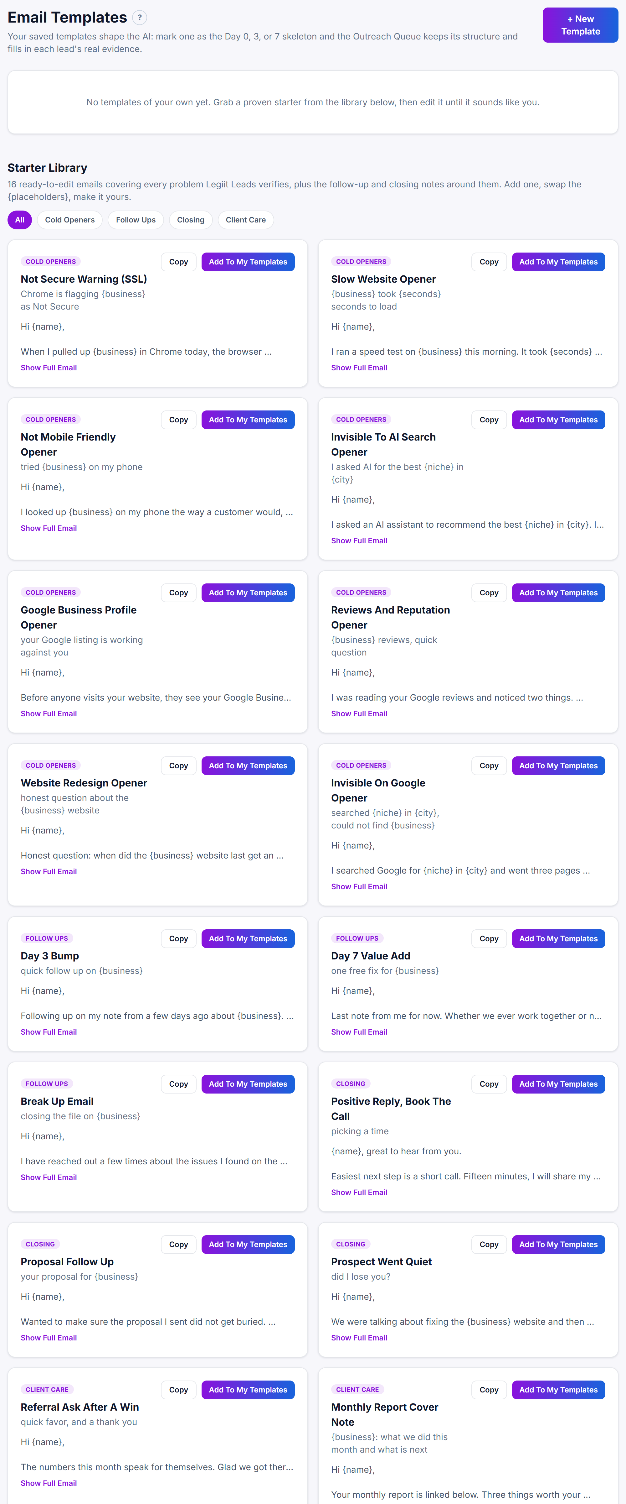 The Email Templates page with the Starter Library.