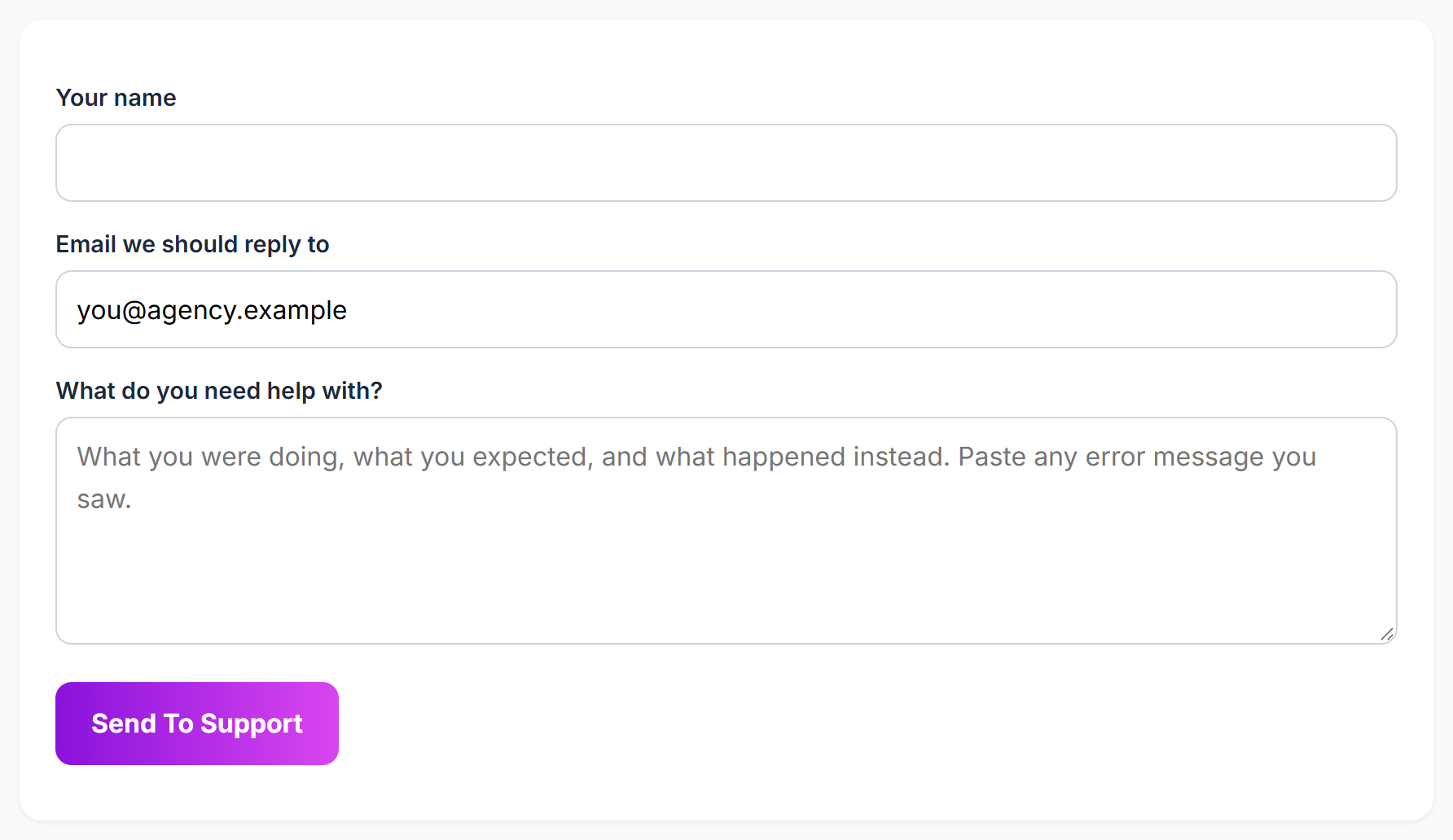 The Contact Support form at legiitleads.com/help/contact.